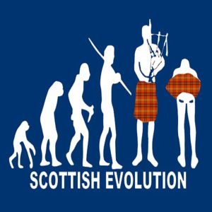 Scottish Evolution T-Shirt featuring a humorous evolution graphic ending with Scotsmen in kilts bending over, with text 'Scottish Evolution.' Perfect for Scottish pride and humor lovers.