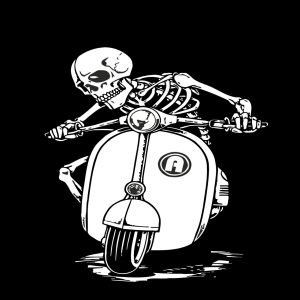Skeleton Riding Vespa T-Shirt, Vintage Vespa Scooter Graphic Tee, Edgy Skeleton Design T-Shirt, Unique Urban Culture T-Shirt, Cool Skeleton Vespa Shirt, Retro Vespa Scooter T-Shirt, Funny Skeleton Riding Scooter Tee, Trendy Graphic T-Shirt for Men & Women