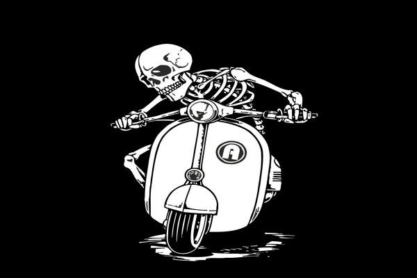 Skeleton Riding Vespa T-Shirt, Vintage Vespa Scooter Graphic Tee, Edgy Skeleton Design T-Shirt, Unique Urban Culture T-Shirt, Cool Skeleton Vespa Shirt, Retro Vespa Scooter T-Shirt, Funny Skeleton Riding Scooter Tee, Trendy Graphic T-Shirt for Men & Women