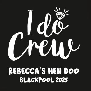 Customisable hen night t-shirts, Personalised hen do t-shirts, I Do Crew hen party t-shirts, Bridal party t-shirts with bride’s name, Sparkling diamond hen night design, Hen do location and year t-shirts, Matching hen party outfits, Unique hen night keepsakes