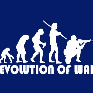 Evolution of War T-Shirt featuring a large graphic of warfare evolution, ending with a modern soldier firing a machine gun, and bold text "Evolution of War."